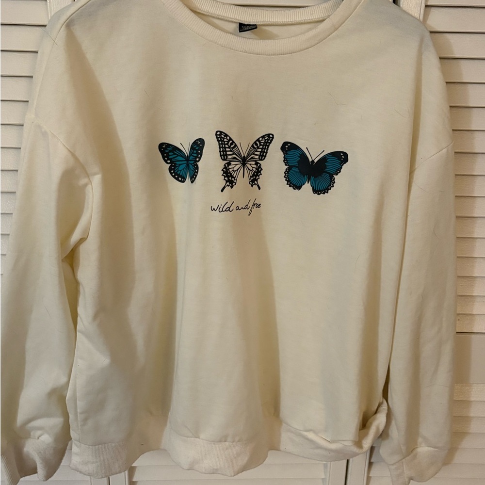 SHEIN Cream Sweatshirt with Blue Butterfly Design